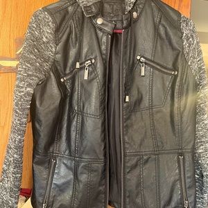 Awesome jacket with faux leather… removable hood and sweater sleeves.